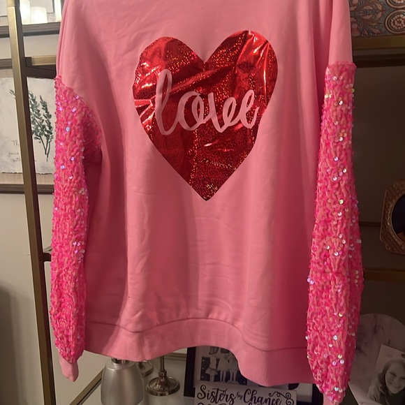Pink valentines long sleeve, red love heart sparkle, pink sequin sleeves - Picture 4 of 8